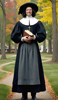 monks puritan in black long robe, hat and bible, believer. High quality photo