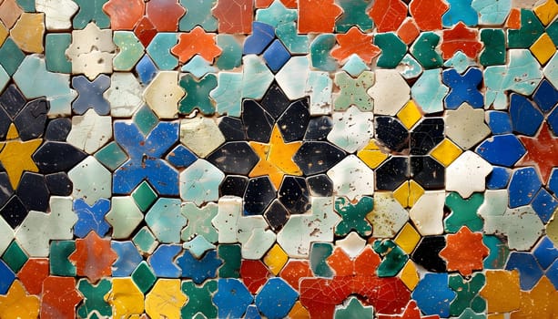 A creative arts masterpiece featuring a colorful mosaic pattern with a vibrant yellow star at the center. This art piece combines elements of wood, textile, and azure hues