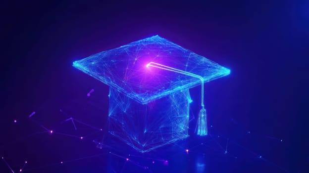 A digital graduation cap glowing in neon blue and purple, symbolizing achievement and innovation