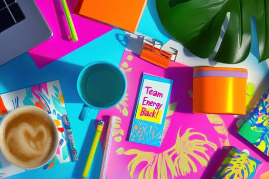 A Bright and colorful desk setup featuring laptop, coffee, and stationery. Perfect for creative inspiration
