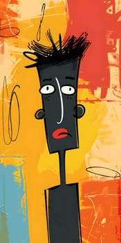 A cartoon drawing of a man with bold red lips, created using various tints and shades of art paint. This fictional character showcases the artists unique visual arts style