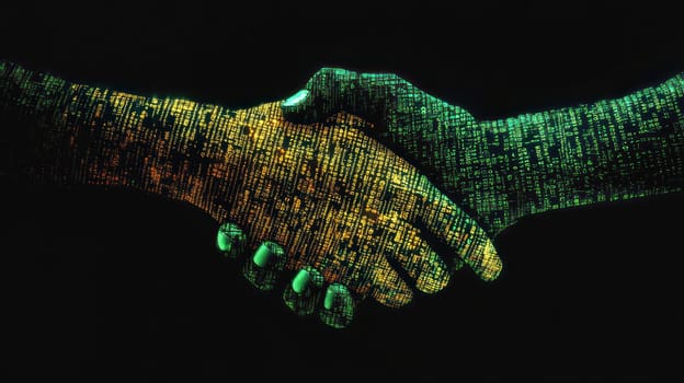 A handshake symbolizing collaboration in technology, featuring binary code