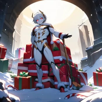 Santa Claus stands with gifts, new year christmas holiday anime style. High quality illustration