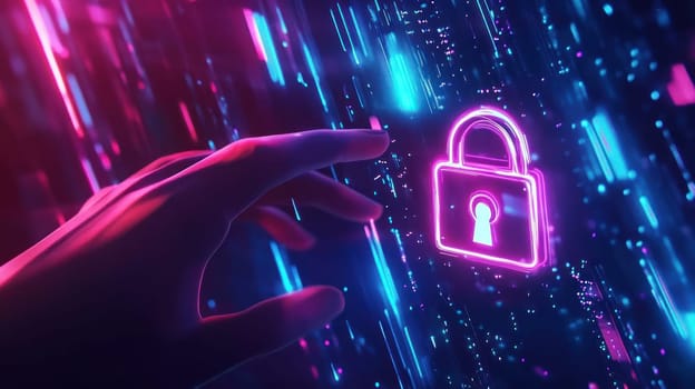 A hand reaches towards glowing digital padlock symbol, representing security and technology. vibrant colors create futuristic atmosphere