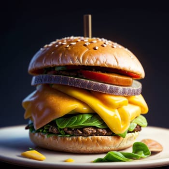Big hamburger with huge ham piece and a lot of cheese. High quality photo