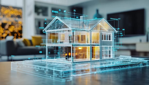 A detailed architectural model of house with blueprints and lighting, showcasing modern design elements and cozy atmosphere
