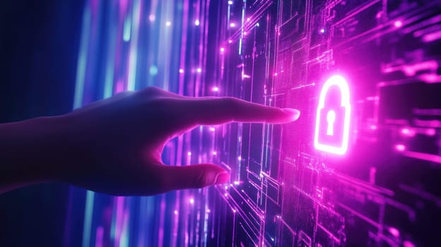 A hand touches glowing digital padlock symbol, representing security