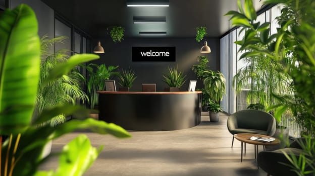 A modern office reception area featuring lush greenery, welcoming sign, and stylish furniture, creating vibrant atmosphere