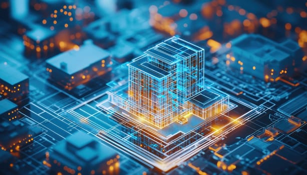A Futuristic cityscape with glowing buildings and digital circuitry, showcasing advanced architecture and technology