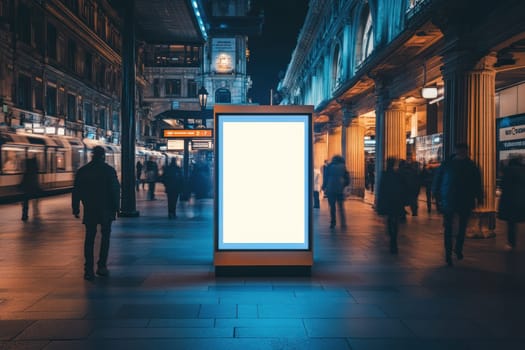 A vibrant city scene featuring blank display box surrounded by pedestrians at night, creating dynamic urban atmosphere