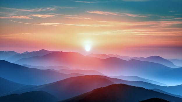 As the sun rises above the mist-covered mountains, hues of orange, pink, and blue light up the serene landscape, creating a tranquil atmosphere at dawn - Generative AI