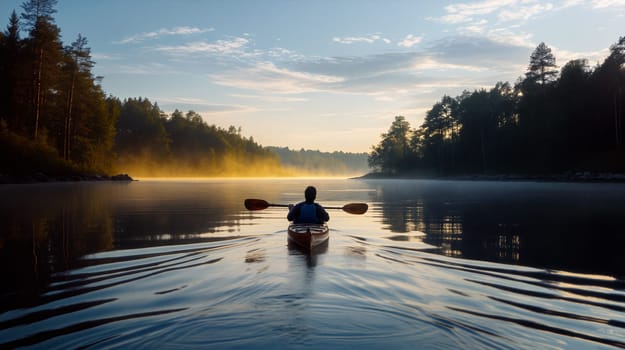 A person in a kayak navigates the calm waters of a tranquil lake at dawn, with mist rising from the surface and trees lining the shores under a beautiful sky - Generative AI