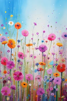 Bright flowers of various colors bloom in a lively abstract field, creating a joyful atmosphere against a blue sky backdrop - Generative AI