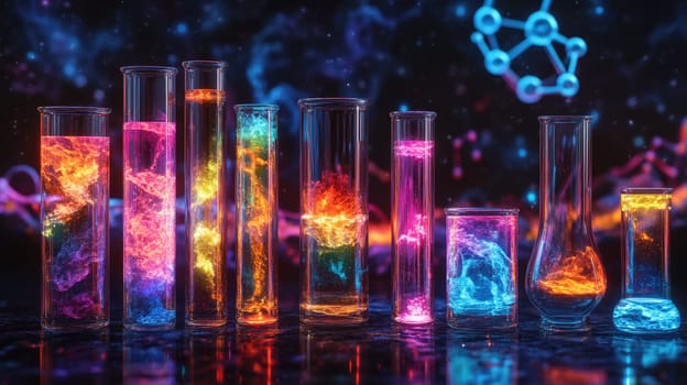Chemistry lab equipment: test tubes, chemical solutions, liquid substances, scientific experiments, glassware, laboratory tools, experimental process, reaction mixtures, liquid measurements