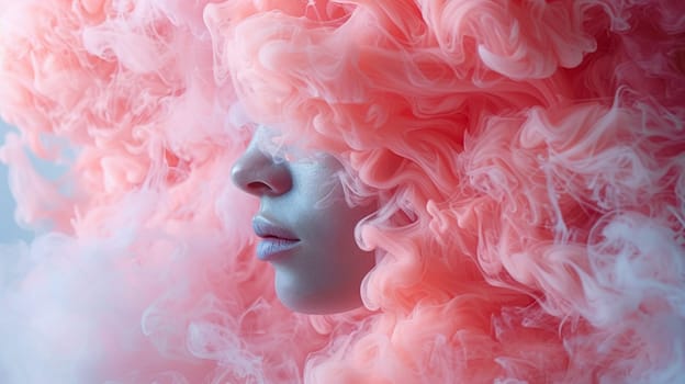 A surreal image of a woman's face emerging from pink and blue clouds, AI generated