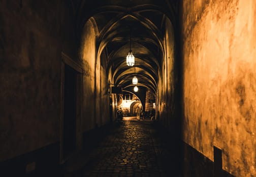 Czech Republic, Krumlov - 21 August 2018: mysterious arch at the night castle in Czech Krumlov