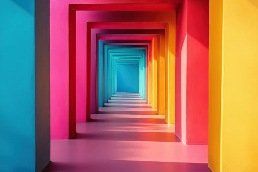 Bright corridor of multi-colored arches. Colored interior model.
