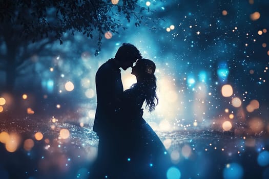 Couple spending romantic time at night against golden bokeh background. Silhouette.