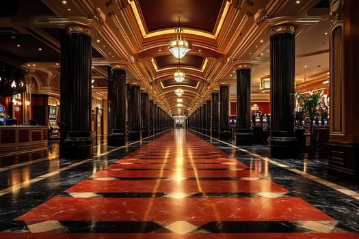 Luxurious interior of the casino building. Empty hall in the casino. Gold and luxury in the interior.
