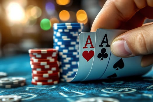 Close-up of large playing cards in a man's hand against the background of stacks of chips on a gaming table.