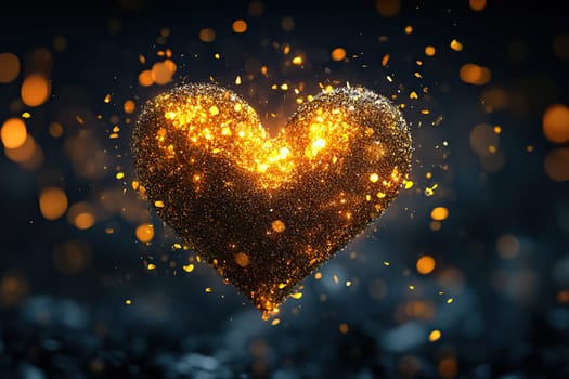 Abstract heart made of golden glitter on dark background with golden bokeh.