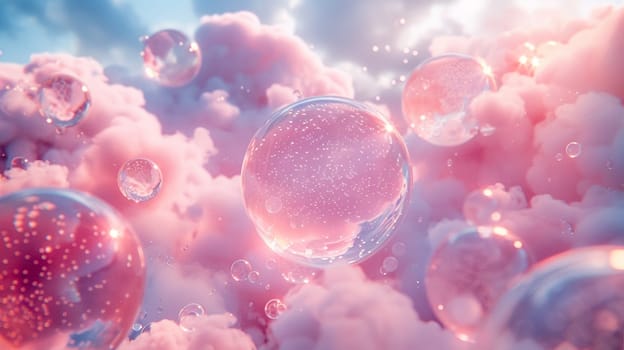 Glittery balloons float through a peaceful pastel cloud-scape in a surreal setting, AI generated