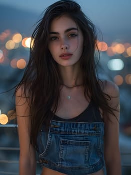 A happy woman with long black hair is wearing overalls and a black tank top. Her electric blue manicure complements her outfit perfectly