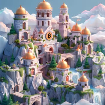 A majestic castle perched on a mountain peak overlooking a cascading waterfall, surrounded by lush trees. The picturesque scene is like a painting in a world of urban design and natural landscape