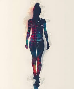 A fashion designer created a silhouette of a woman in a bikini walking on a white background, highlighting her outerwear, arm, shoulder, leg, neck, sleeve, thigh, waist, knee