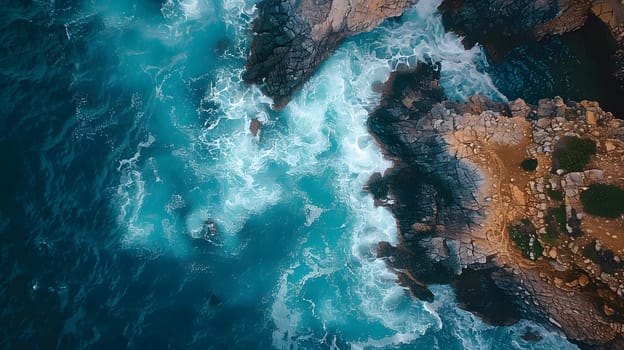 A breathtaking aerial view of a large lake surrounded by rocks, with the water glistening in electric blue hues. The underwater pattern is visible from above, creating an artful landscape