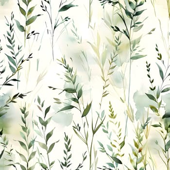 A beautiful seamless pattern of green leaves, branches, and twigs on a white background, creating an artistic representation of a terrestrial plant in the grass family