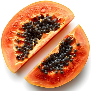 A halved papaya, a fruit with black seeds, is a natural food ingredient commonly used in recipes to enhance dishes. Known for its superfood properties, papaya is a popular produce in various cuisines