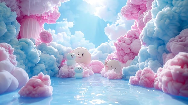 Adorable cloud-like figures with faces floating on water with a dreamy blue-pink ambiance, AI generated
