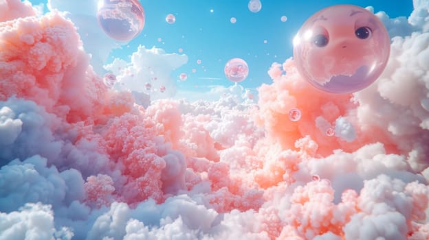 Glittery balloons float through a peaceful pastel cloud-scape in a surreal setting, AI generated