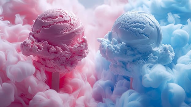 Two ice cream cones amidst smoke in a surreal pastel-colored fantasy setting, AI generated