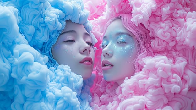 Ethereal close-up of two faces surrounded by dreamlike smoke in pink and blue hues, AI generated