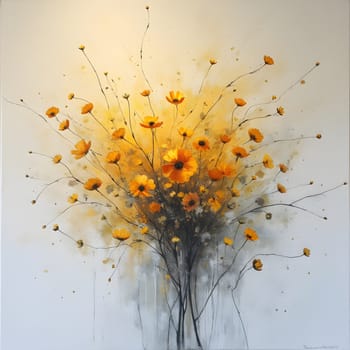 An abstract floral oil painting featuring a golden flower burst on a white background, creating an elegant, dynamic design.