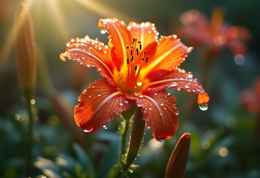 Ultra-detailed macro shot of a vibrant flower adorned with sparkling water droplets, captured in natural sunlight for stunning clarity and color.