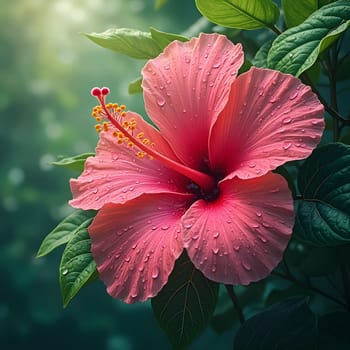 A beautiful pink hibiscus flower with raindrops, set against a lush green leaves background, perfect for social media design.