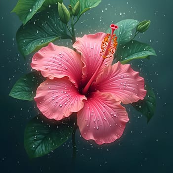 A beautiful pink hibiscus flower with raindrops, set against a lush green leaves background, perfect for social media design.
