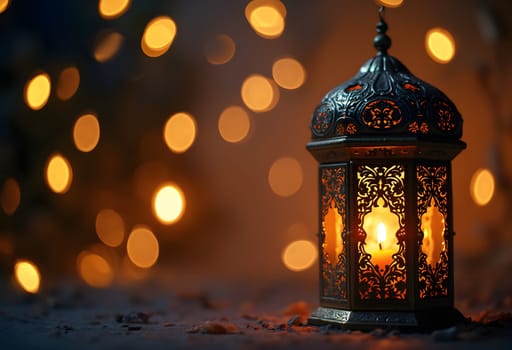 Ornamental Arabic lantern with a burning candle glowing at night, surrounded by golden bokeh lights, ideal for Ramadan greetings.
