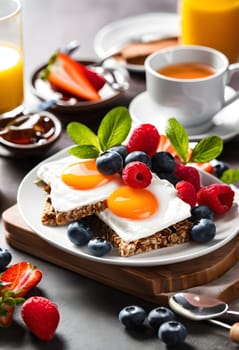 A vibrant and healthy breakfast featuring fruits, grains, and nuts, beautifully arranged, perfect for energizing mornings and wellness lifestyles.
