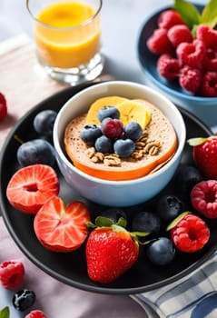 A vibrant and healthy breakfast featuring fruits, grains, and nuts, beautifully arranged, perfect for energizing mornings and wellness lifestyles.