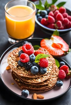 A vibrant and healthy breakfast featuring fruits, grains, and nuts, beautifully arranged, perfect for energizing mornings and wellness lifestyles.