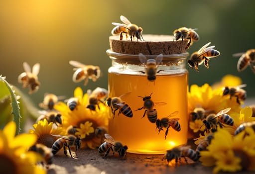 A serene scene of a jar of honey surrounded by buzzing bees and vibrant flowers, highlighting the beauty of nature and the richness of honey.