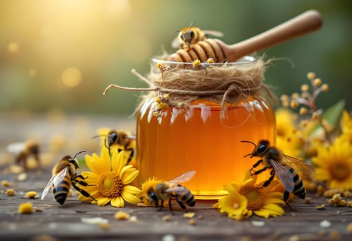 A serene scene of a jar of honey surrounded by buzzing bees and vibrant flowers, highlighting the beauty of nature and the richness of honey.