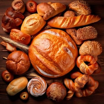 A bakery-themed background featuring a variety of fresh breads and pastries on display, creating a warm and inviting atmosphere.
