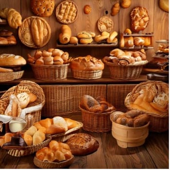 A bakery-themed background featuring a variety of fresh breads and pastries on display, creating a warm and inviting atmosphere.
