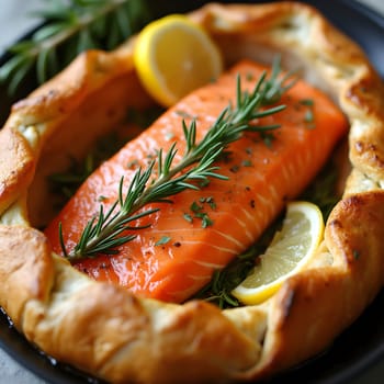 A beautifully decorated salmon en croûte, wrapped in flaky pastry and garnished with sprigs of rosemary and fresh lemon wedges.