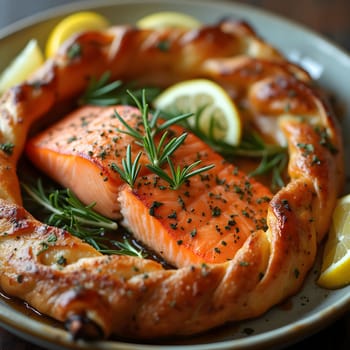 A beautifully decorated salmon en croûte, wrapped in flaky pastry and garnished with sprigs of rosemary and fresh lemon wedges.